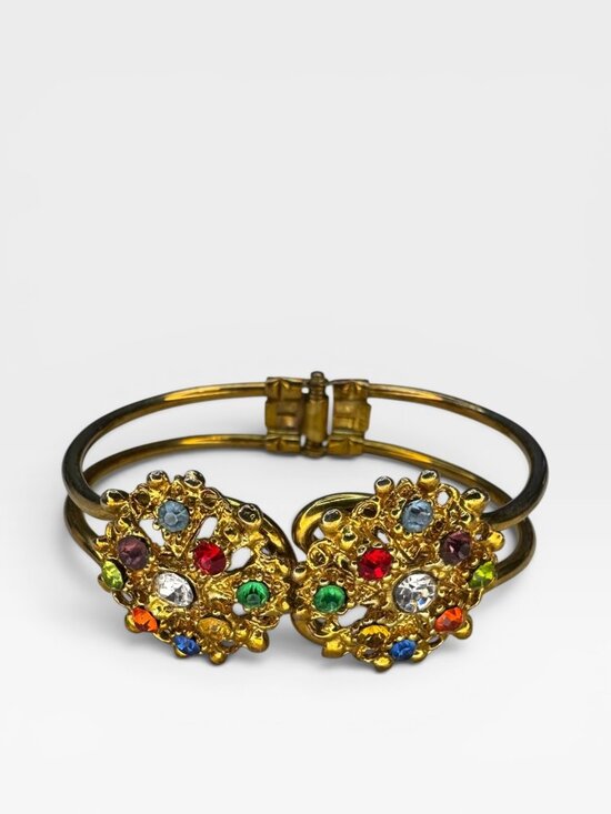 Unsigned Jewelry - Multi Color Crystal Clamper Bracelet Gold Tone Rhinestone Vintage 7"